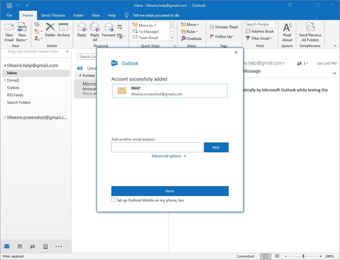Экран аккаунта Outlook 2016 успешно добавлен