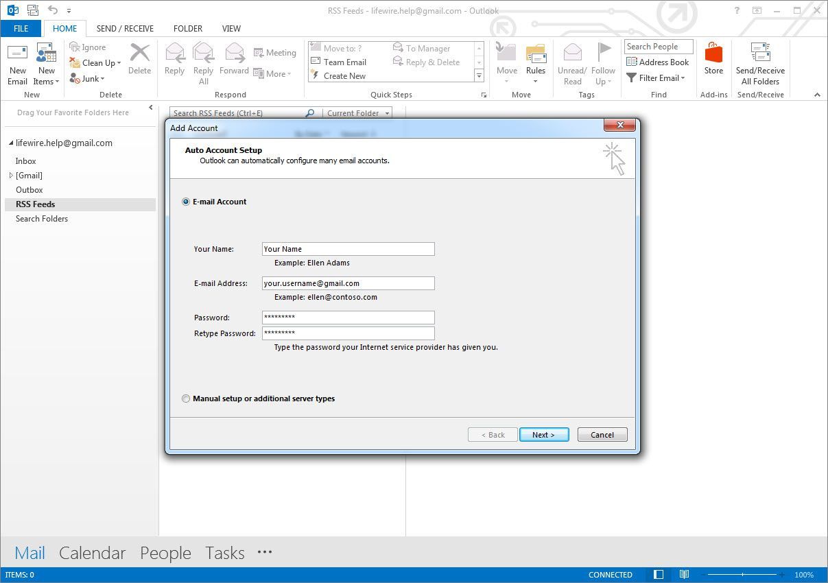 Экран настройки автоматической учетной записи Outlook 2013