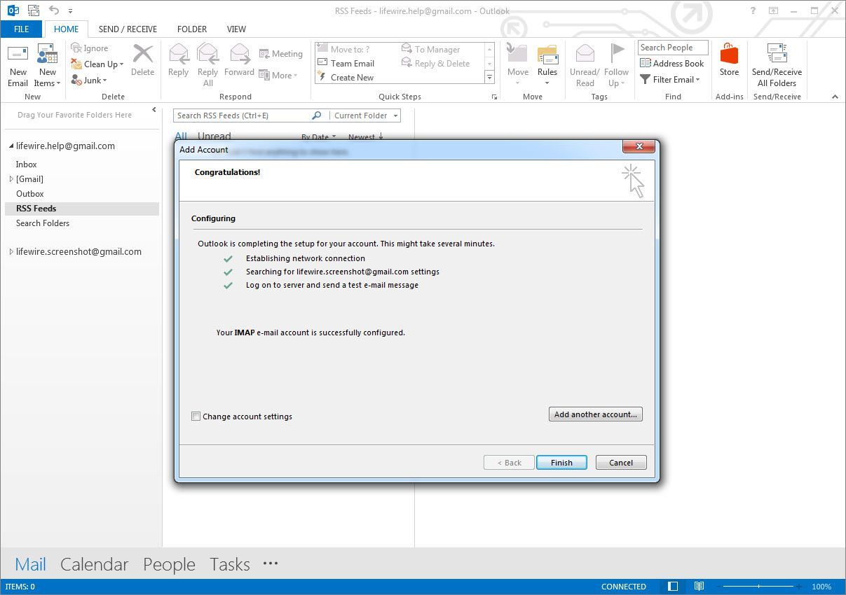 Экран успешного входа в учетную запись Outlook 2013
