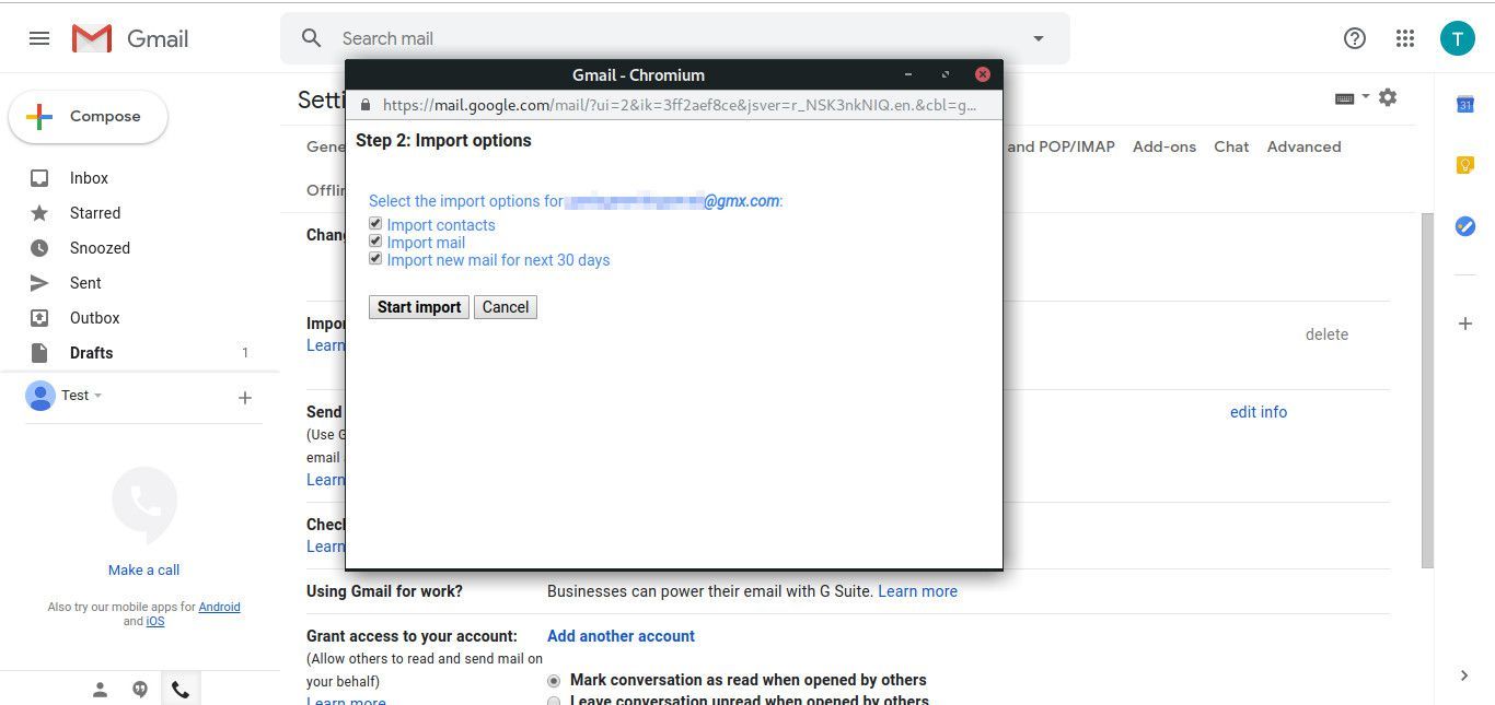 Запустите импорт почты GMX в Gmail