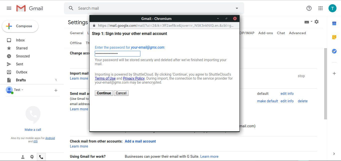 Введите пароль GMX для импорта в Gmail