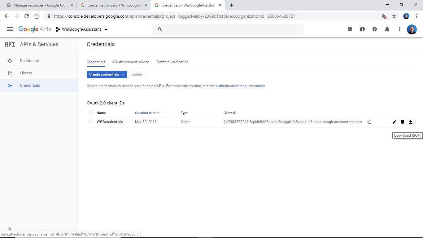 Скриншот созданных учетных данных идентификатора клиента OAuth 2.0, готовых к загрузке
