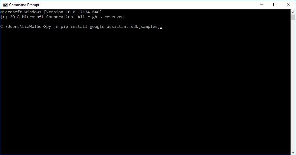 Снимок экрана: командная строка с инструкциями по установке Google Assistant SDK