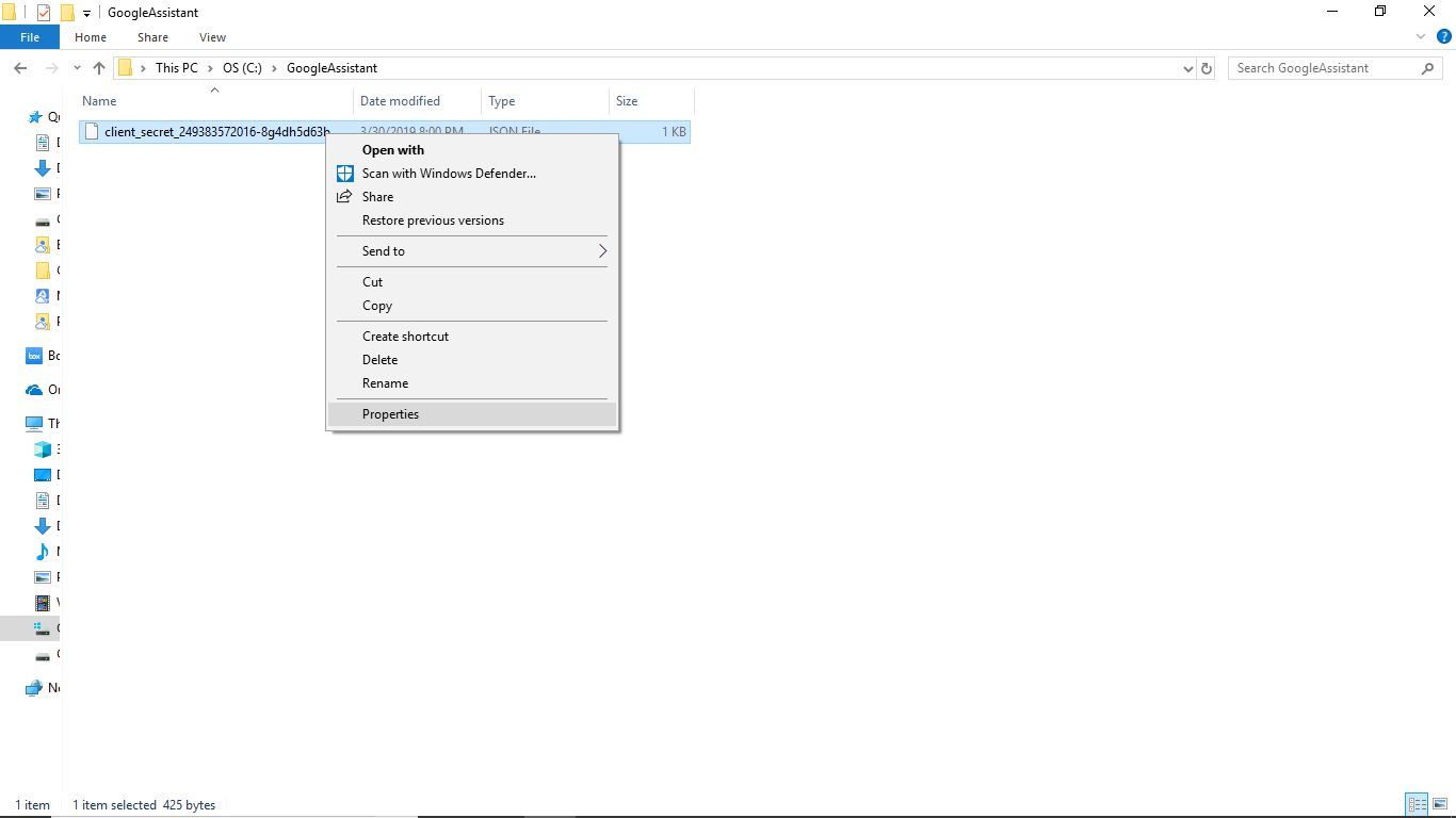 Снимок экрана щелчка правой кнопкой мыши в проводнике Windows для просмотра свойств Client_Secret