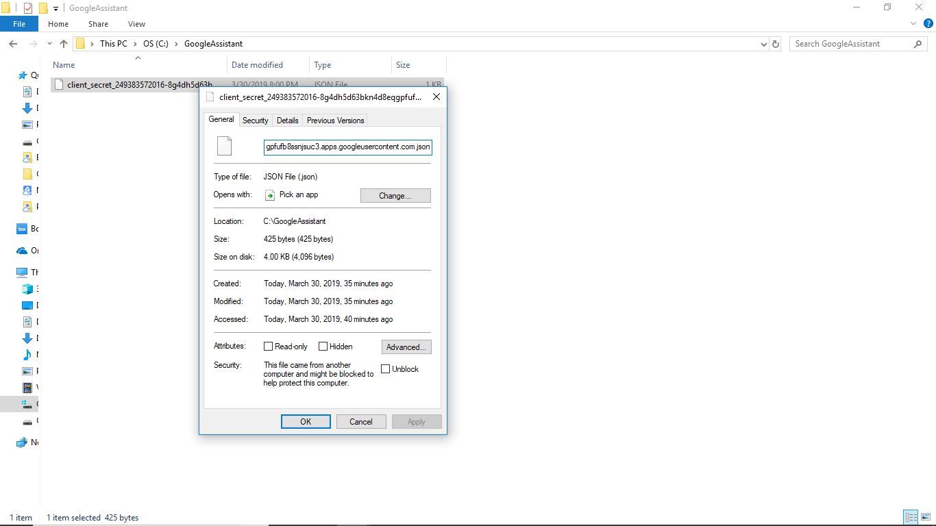 Снимок экрана подробных свойств имени файла client_secret