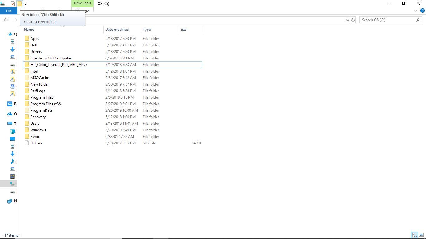 Снимок экрана Windows File Explore, создайте новую папку в каталоге C: