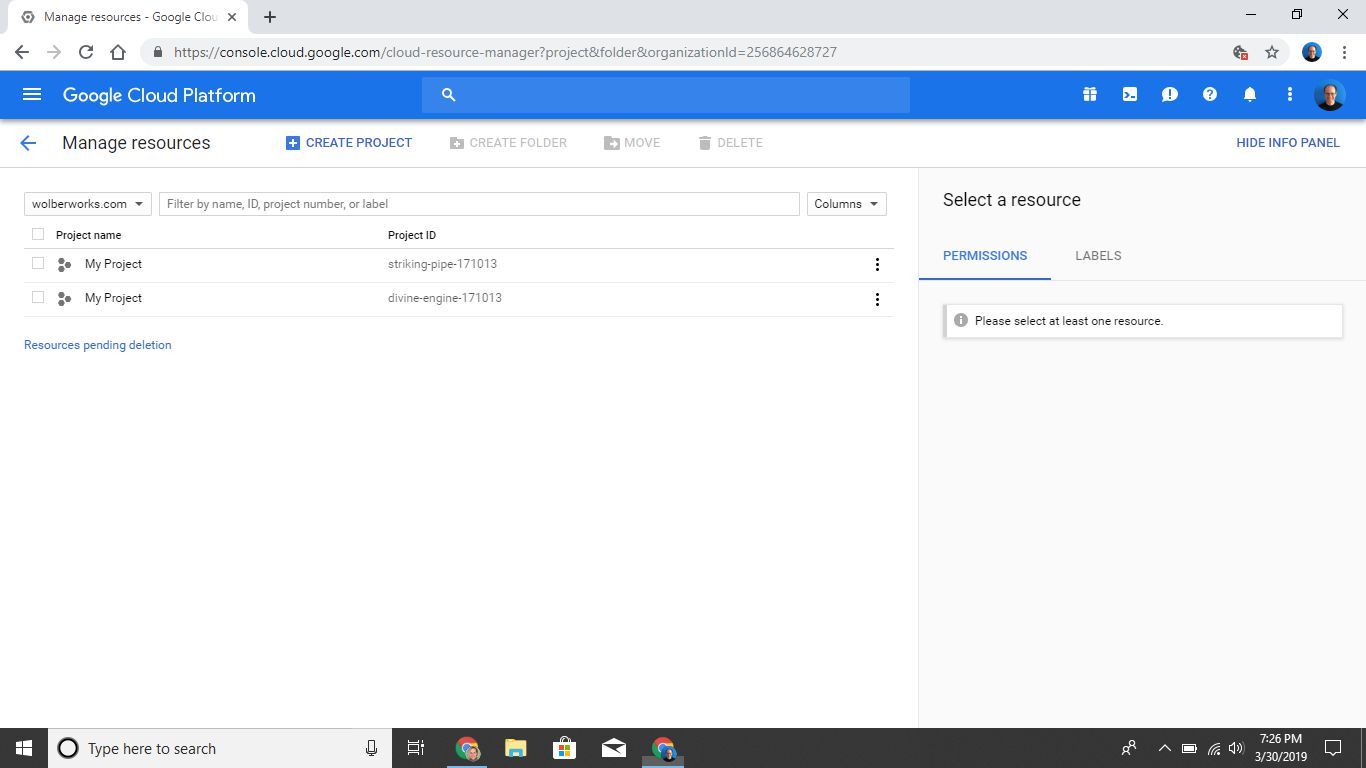 Снимок экрана страницы Google Cloud Platform с кнопкой «Создать проект»