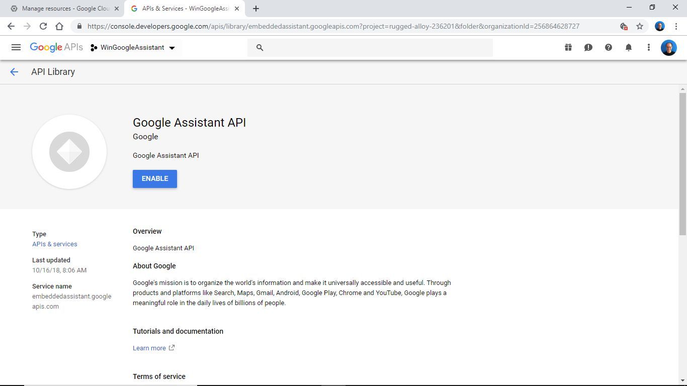 Снимок экрана API Google Assistant с кнопкой ENABLE