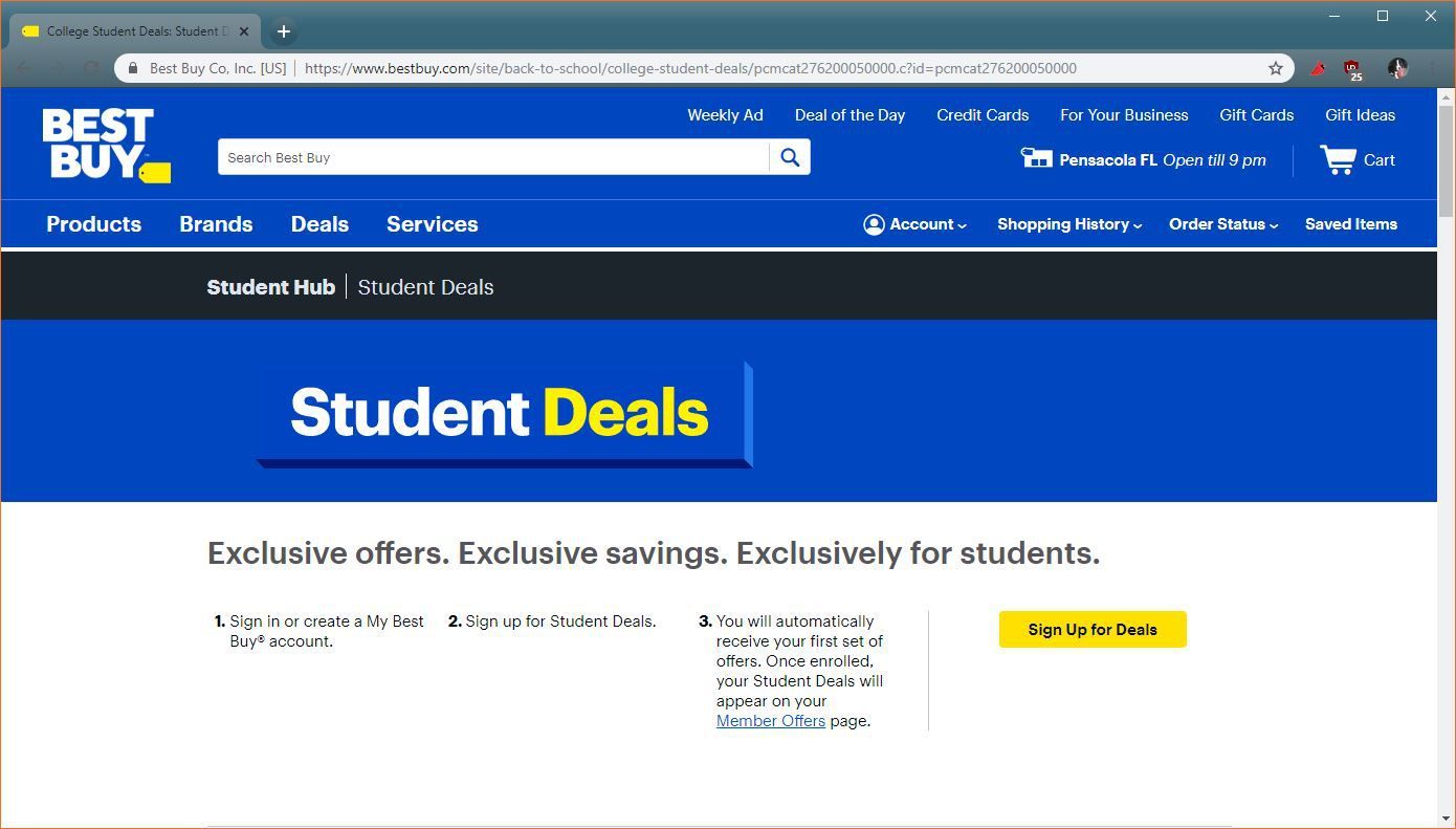 Снимок экрана со страницей регистрации Best Buy Student Deals.