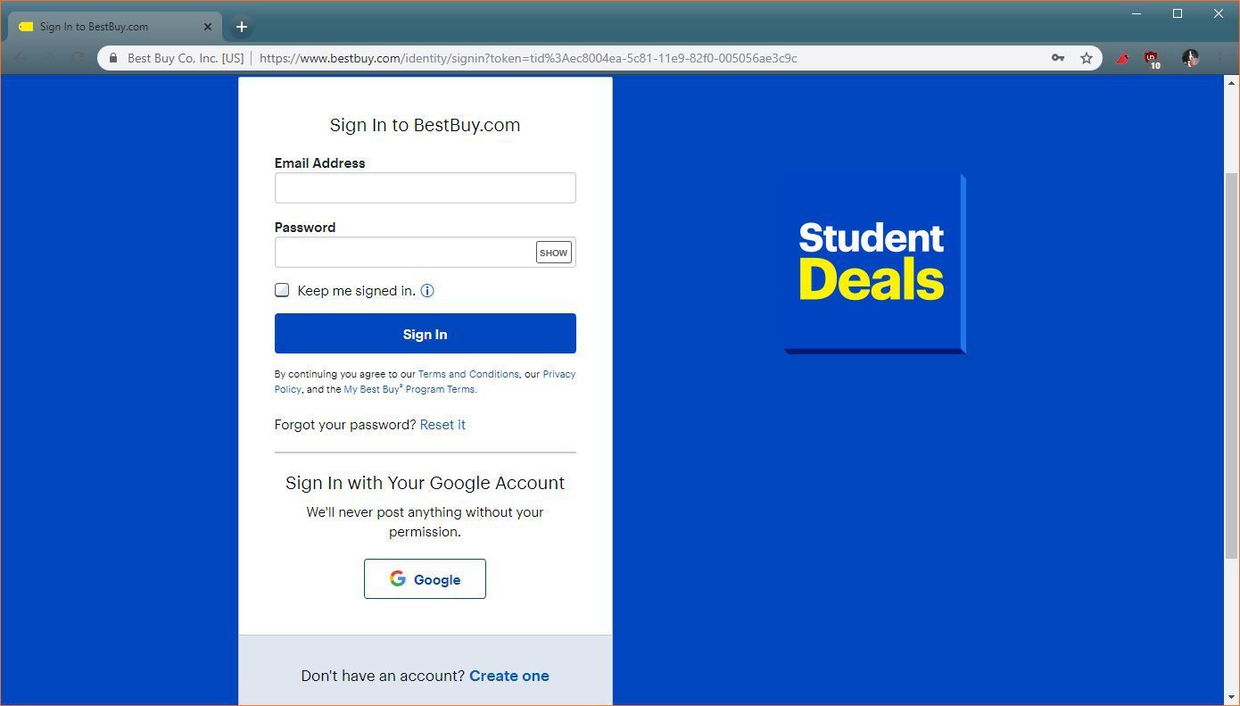 Скриншот страницы входа в Best Buy Student Deals.
