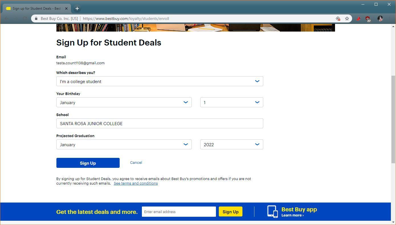 Снимок экрана со страницей регистрации скидок для студентов Best Buy.