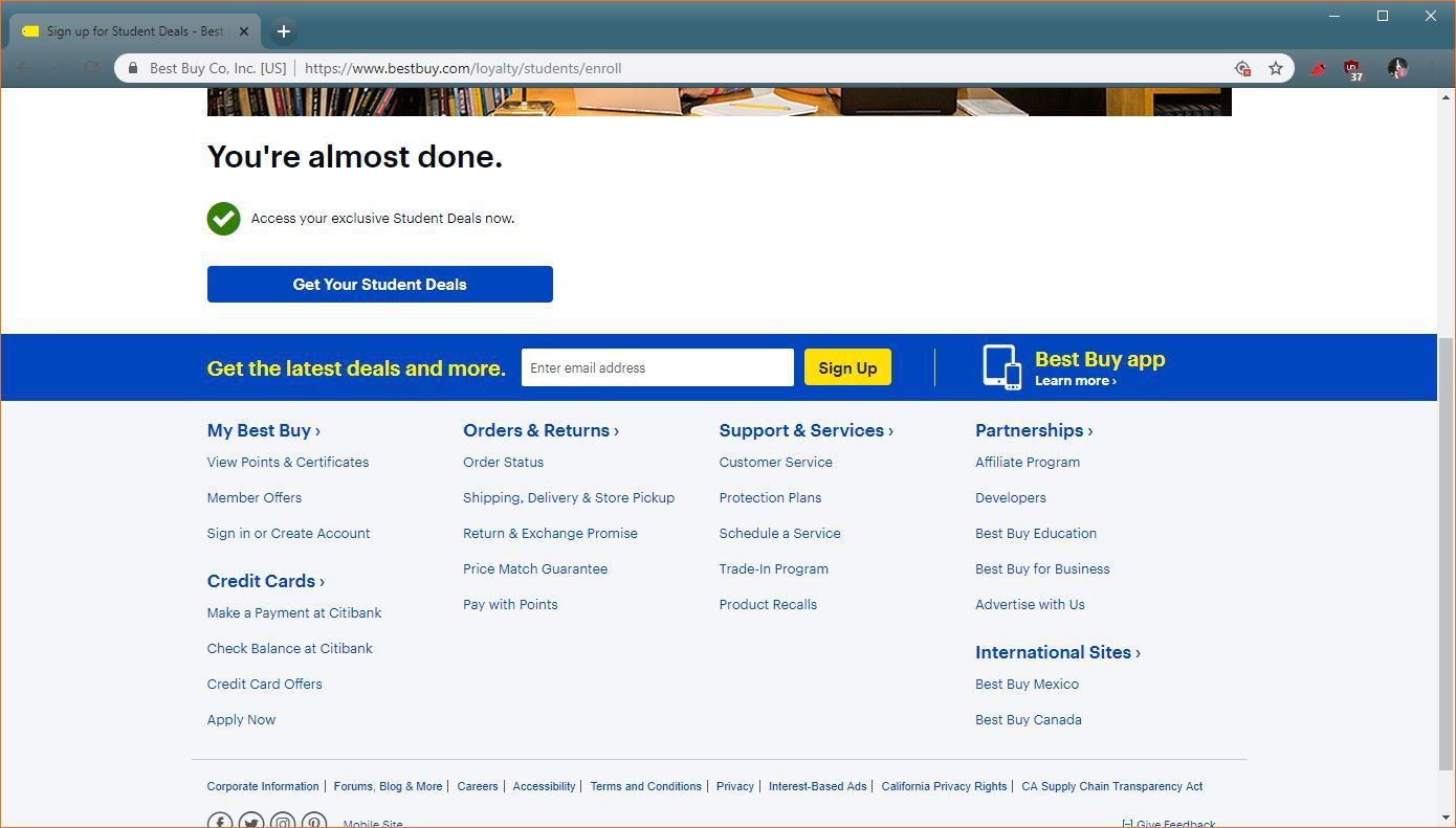 Скриншот процесса регистрации Best Buy Student Deals.