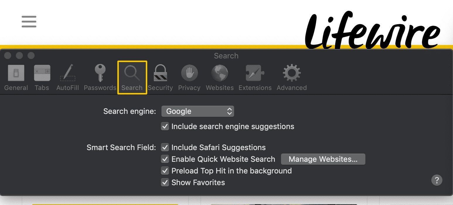 Safari для macOS Настройки поиска