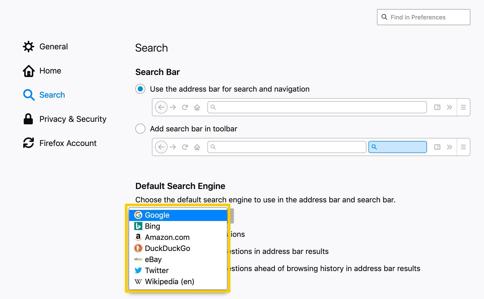 Альтернативные варианты поисковой системы в Firefox для macOS.