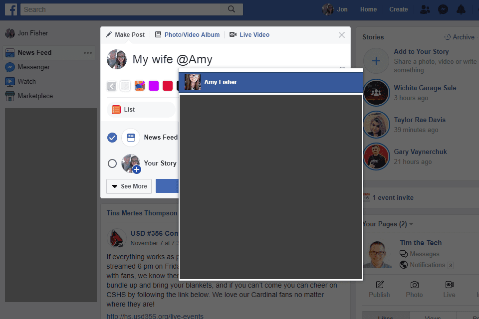 Снимок экрана, показывающий, как пометить друга в сообщении в Facebook