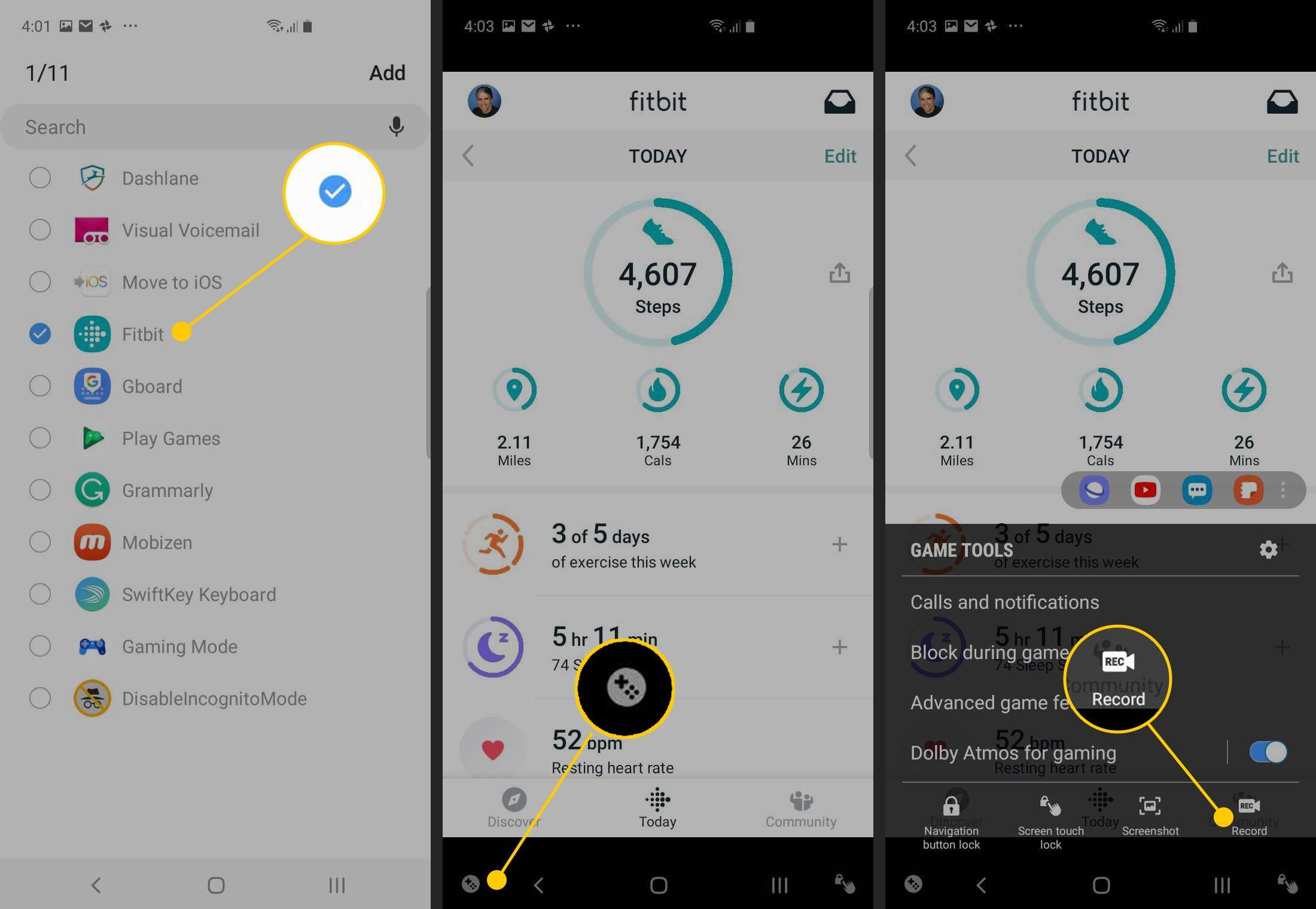 Галочка Fitbit, значок Game Tools, значок записи на Android