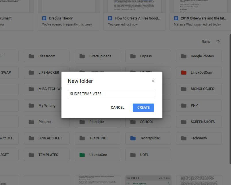 Скриншот создания новой папки в Google Drive.