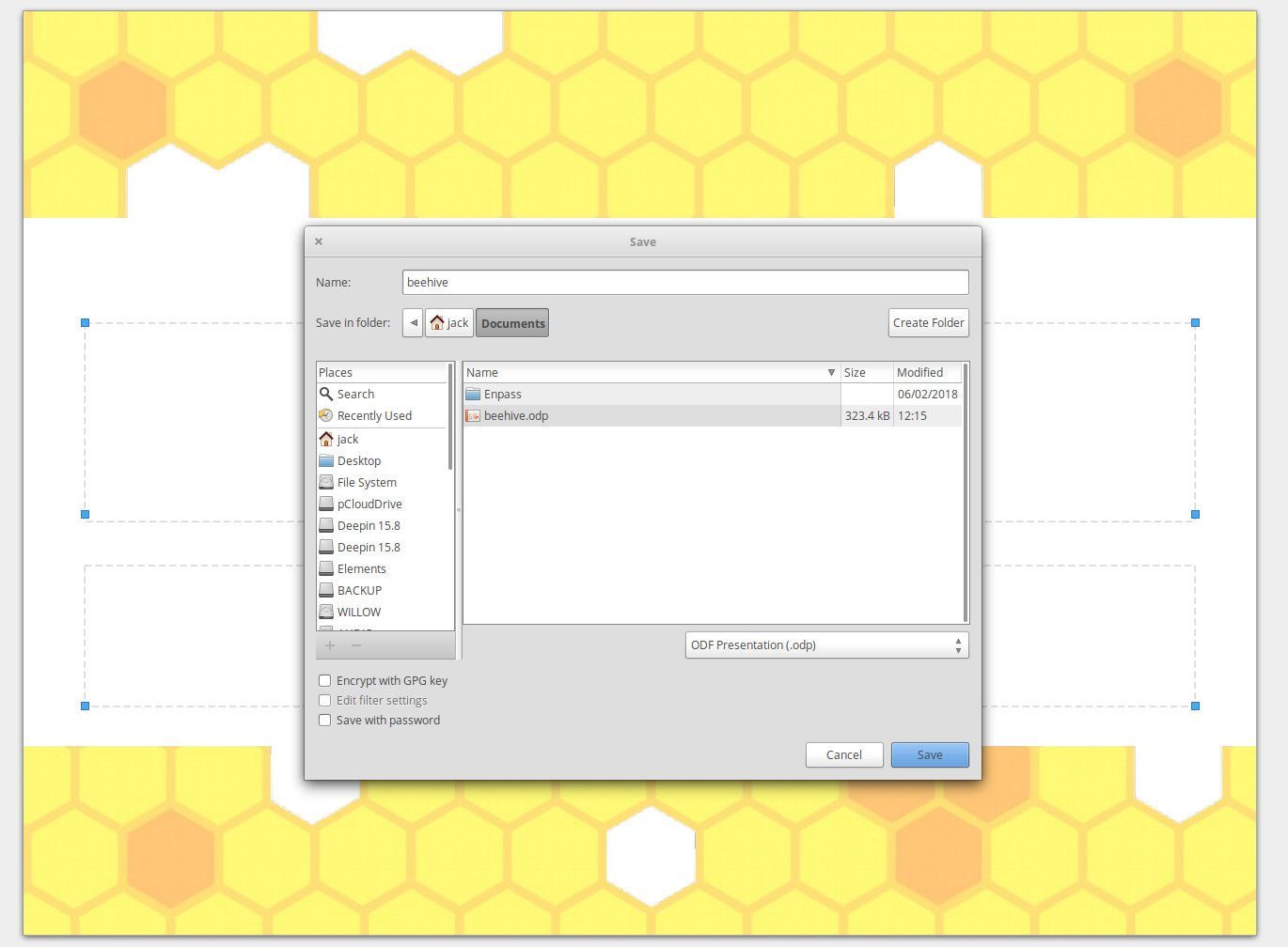 Снимок экрана сохранения презентации LibreOffice в формате .odp.