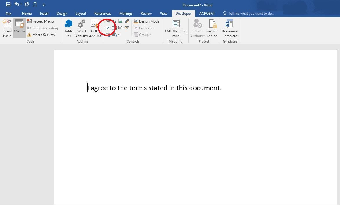Снимок экрана с вкладкой Microsoft Word Developer с установленным флажком.