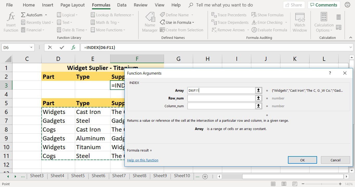 Снимок экрана, показывающий, как настроить массив для функции INDEX в Excel