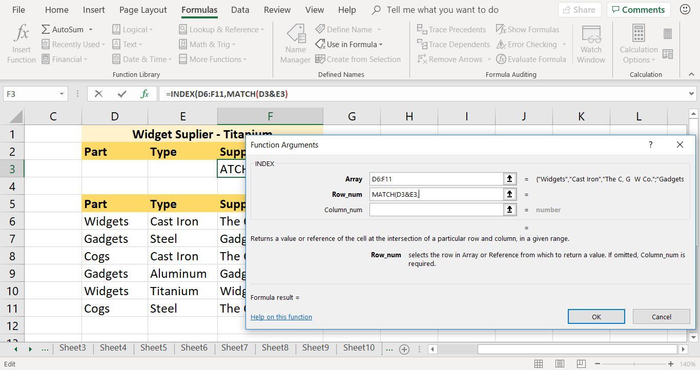 Снимок экрана, показывающий, как ввести функцию MATCH в качестве аргумента для функции INDEX в Excel