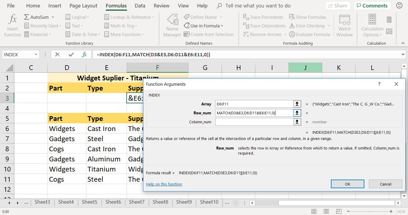 Снимок экрана, показывающий, как ввести аргумент MATCH в функции INDEX в Excel