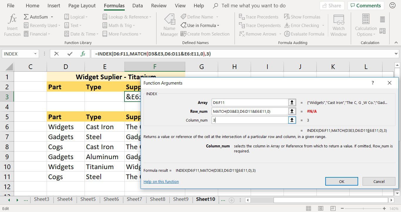 Снимок экрана, показывающий, как войти в функцию INDEX's Column_num argument in Excel