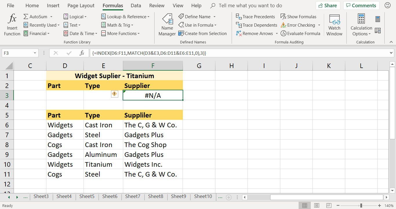 Снимок экрана, показывающий завершенную функцию INDEX в Excel