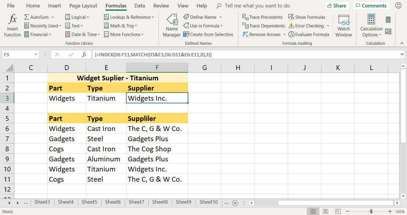 Снимок экрана, показывающий результаты выполненной функции INDEX в Excel
