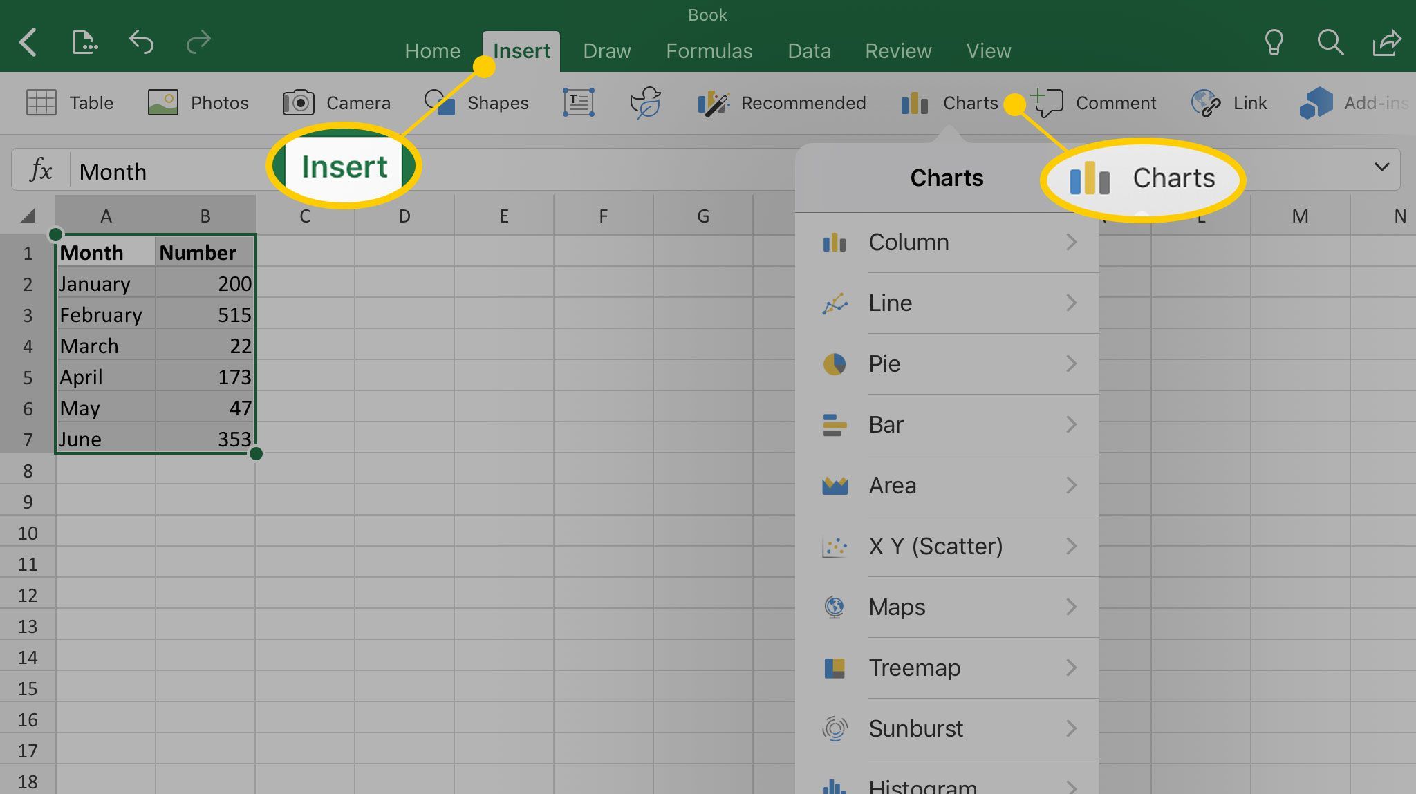 Создание диаграммы в Excel для iPad