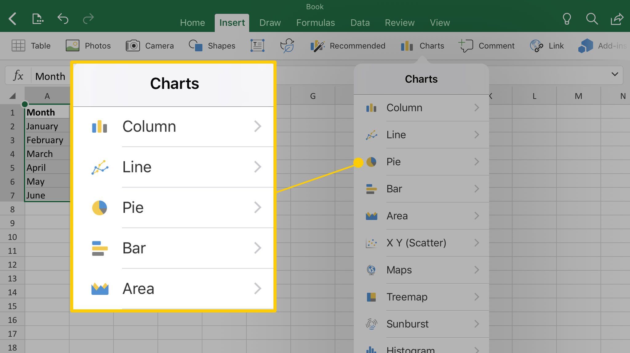 Создание диаграммы в Excel для iPad