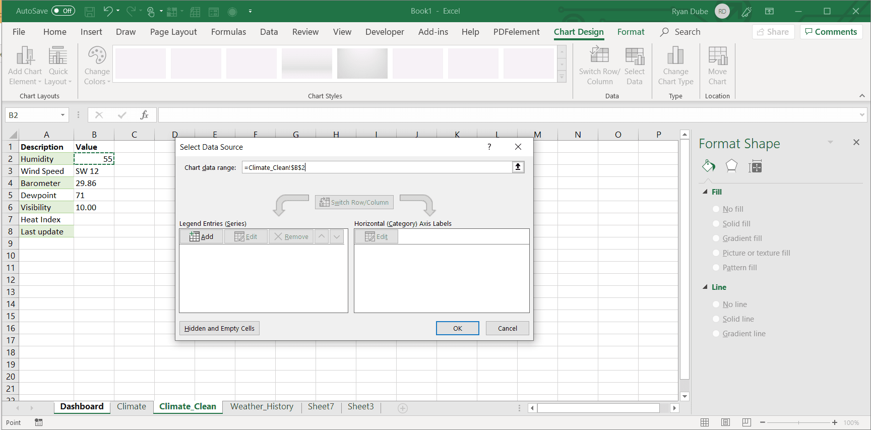 Снимок экрана выбора диапазона данных диаграммы в Excel