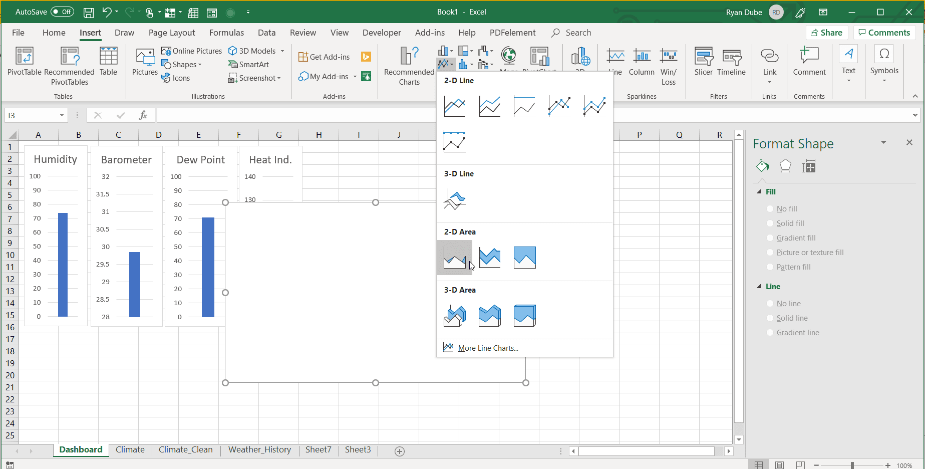 Снимок экрана вставки двухмерной диаграммы площади в Excel