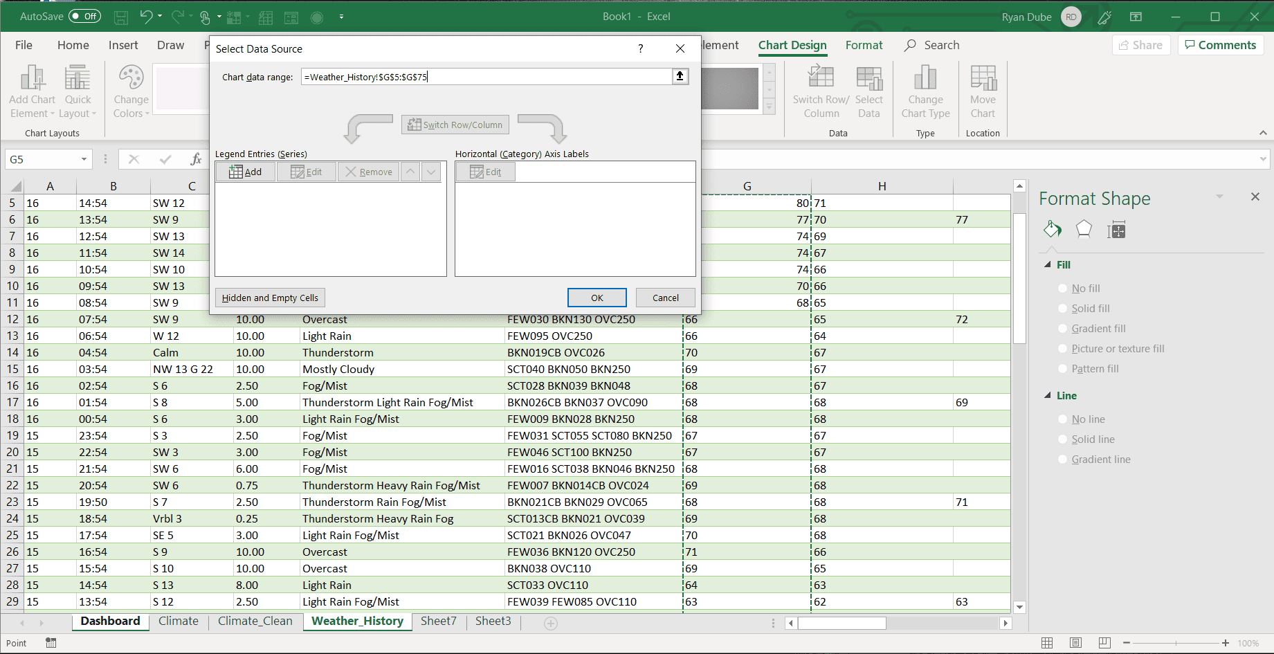 Снимок экрана выбора диапазона данных в Excel