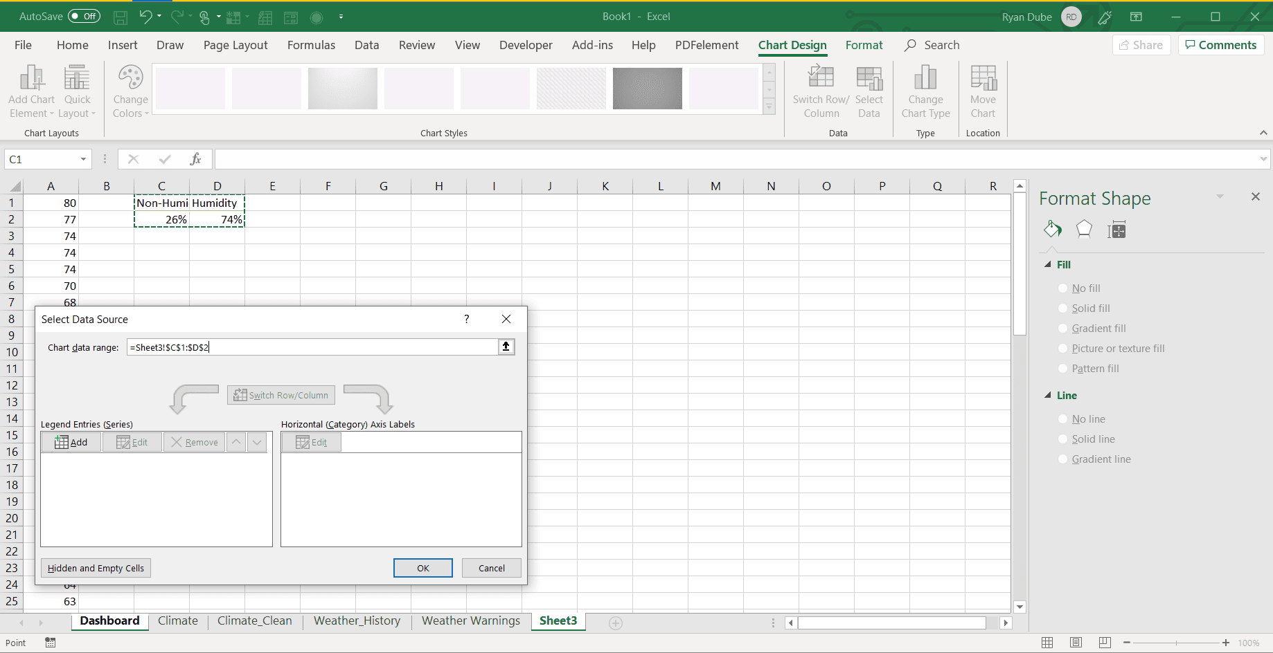 Снимок экрана выбора данных для круговой диаграммы в Excel
