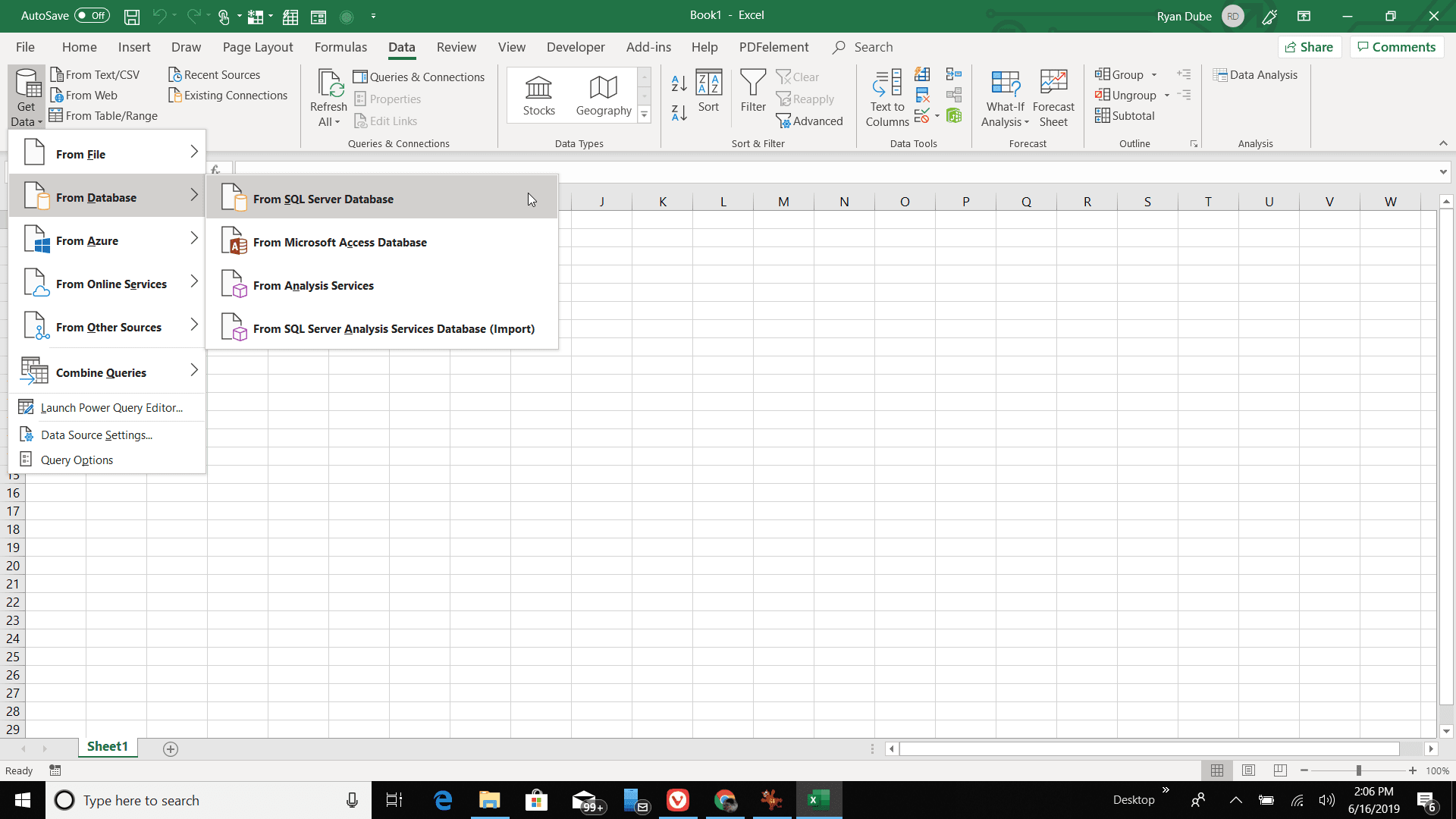 Снимок экрана импорта данных в Excel