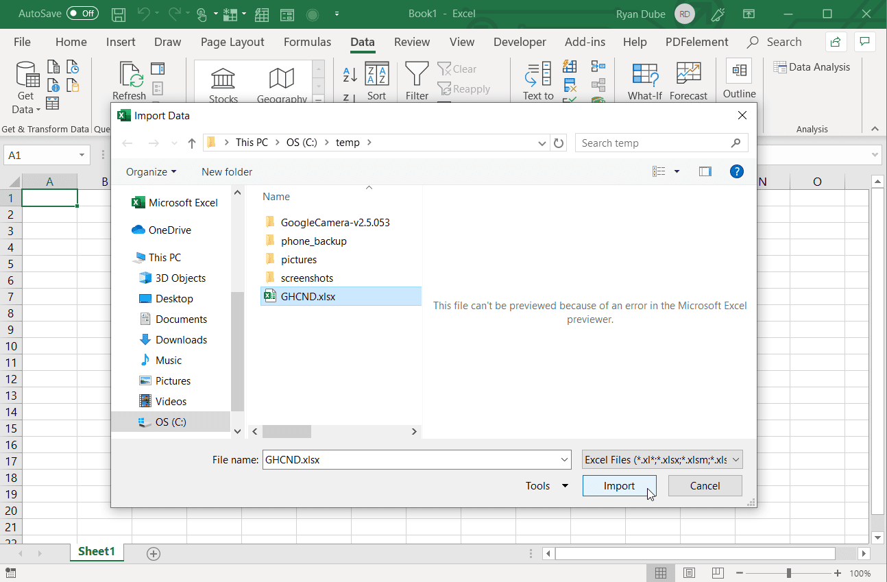 Снимок экрана выбора источника данных в Excel