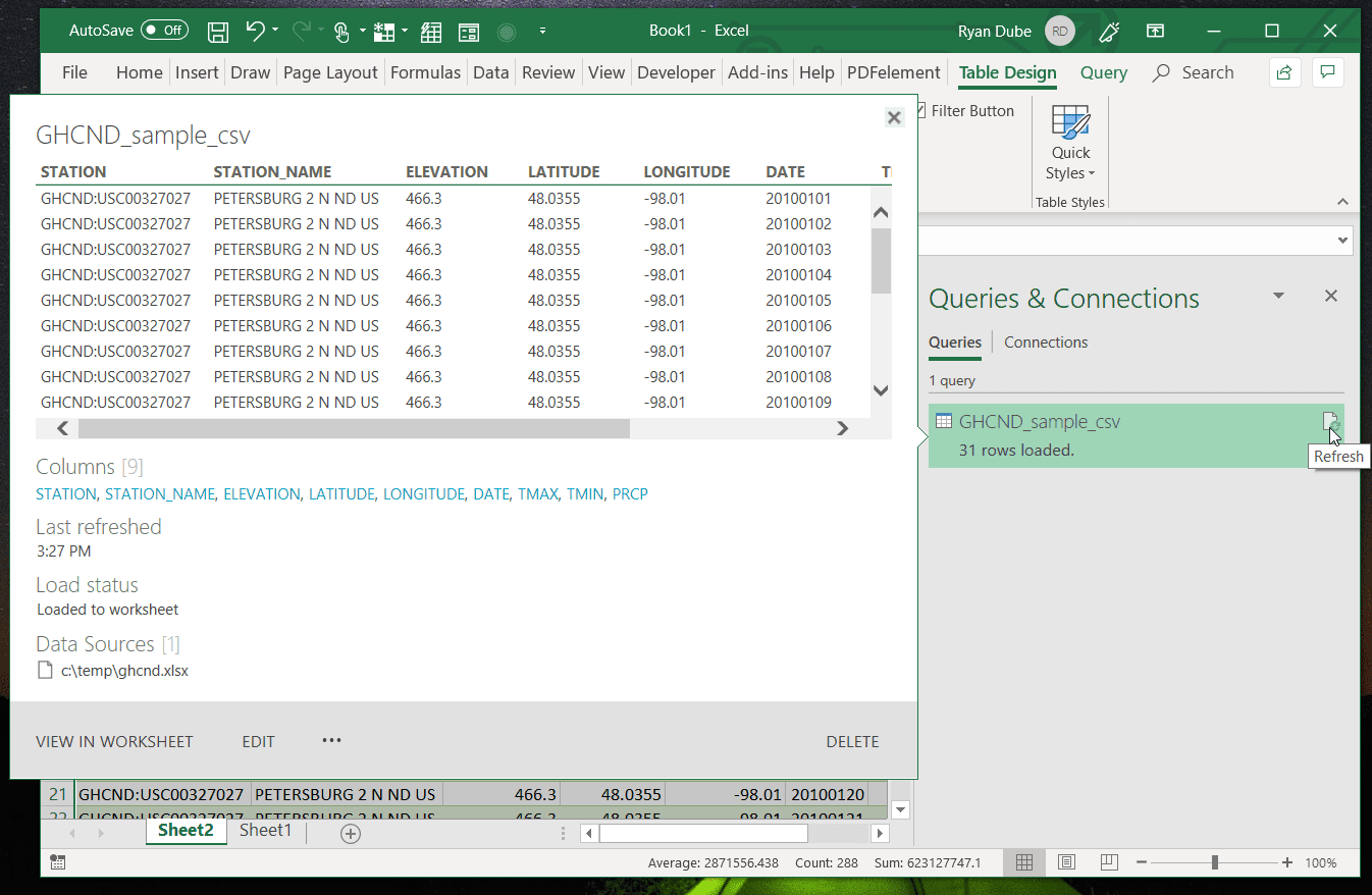 Снимок экрана значка обновления в Excel