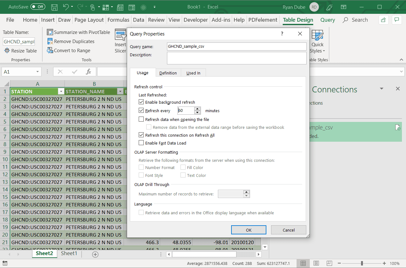 Снимок экрана установки интервала обновления данных в Excel