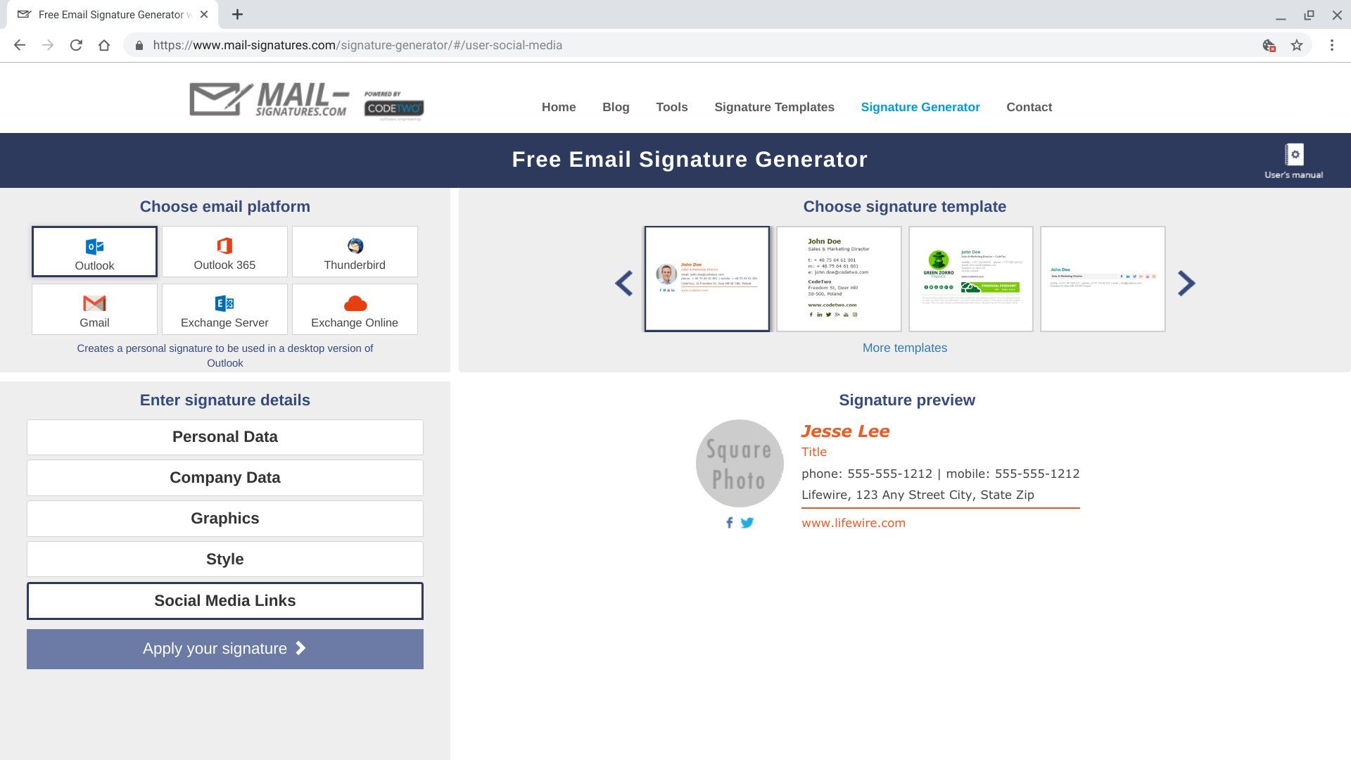 Снимок экрана Mail-signatures.com, с акцентом на шаблоны подписи