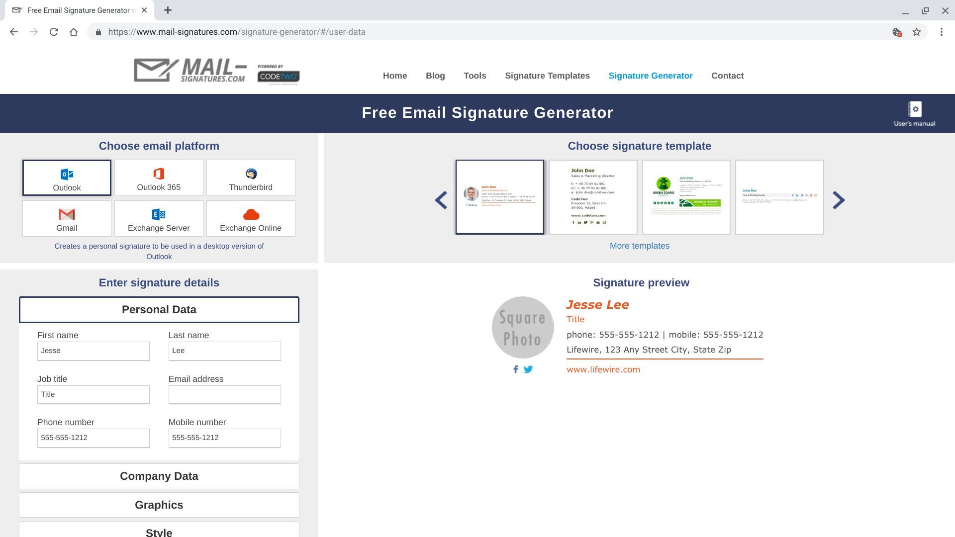 Снимок экрана Mail-Signatures.com с открытыми полями «Личные данные» (имя, должность, адрес электронной почты, номера телефонов)
