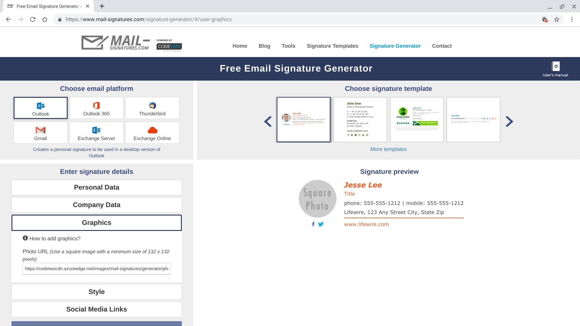 Снимок экрана Mail-Signatures.com с полем 