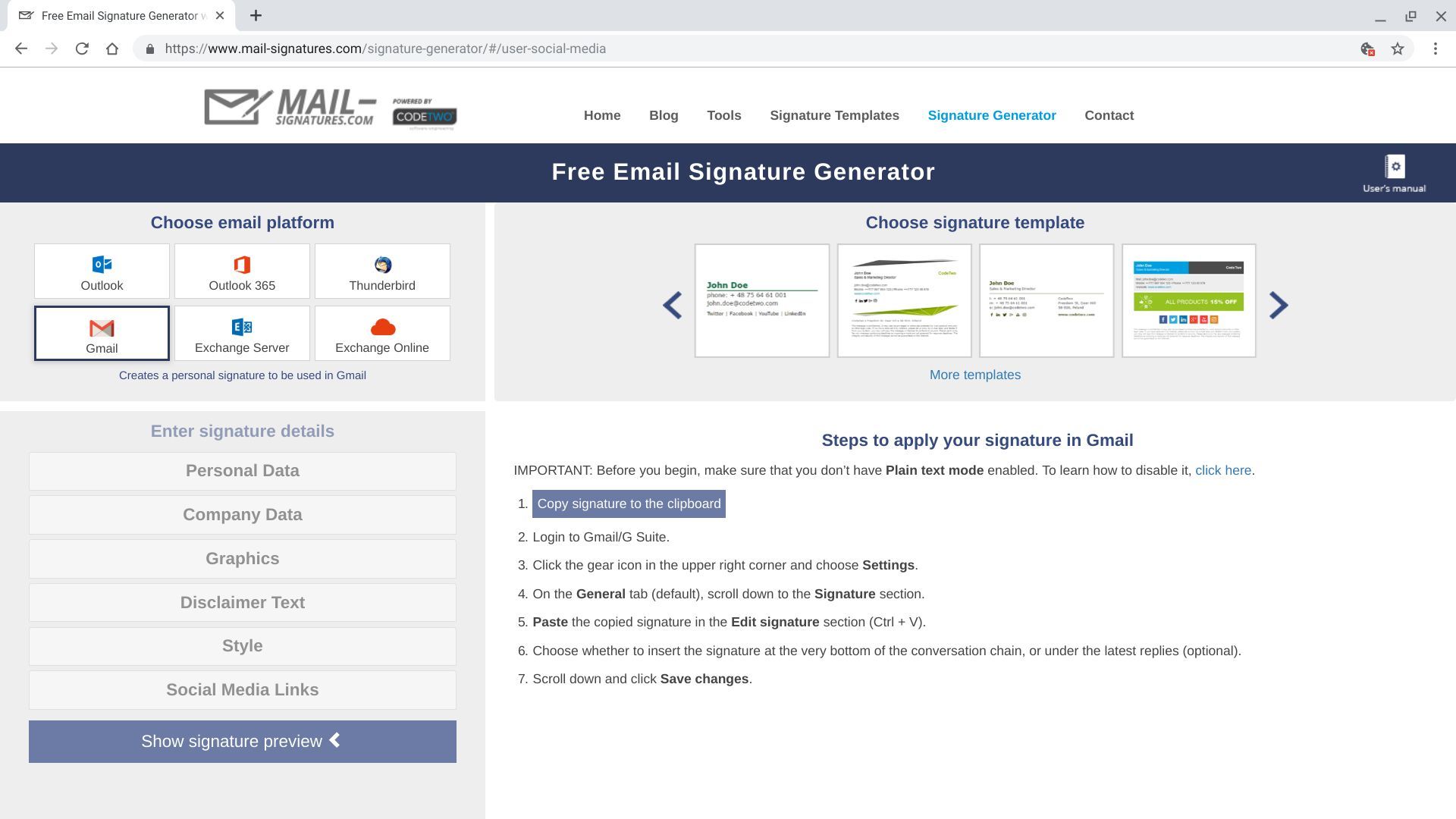 Снимок экрана экрана Mail-Signatures с выделенным цветом