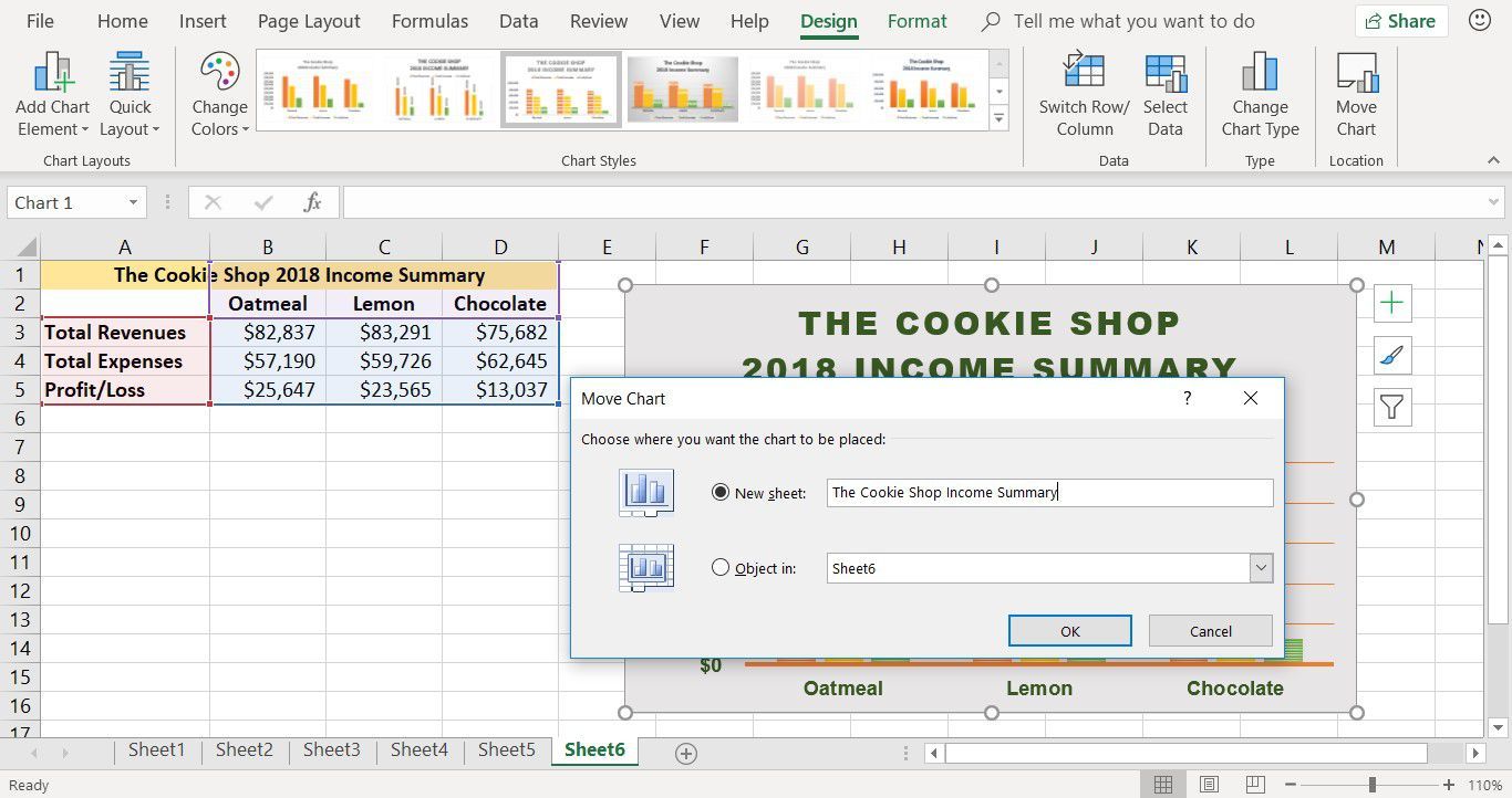 Снимок экрана, показывающий, как переместить диаграмму на новый лист в Excel