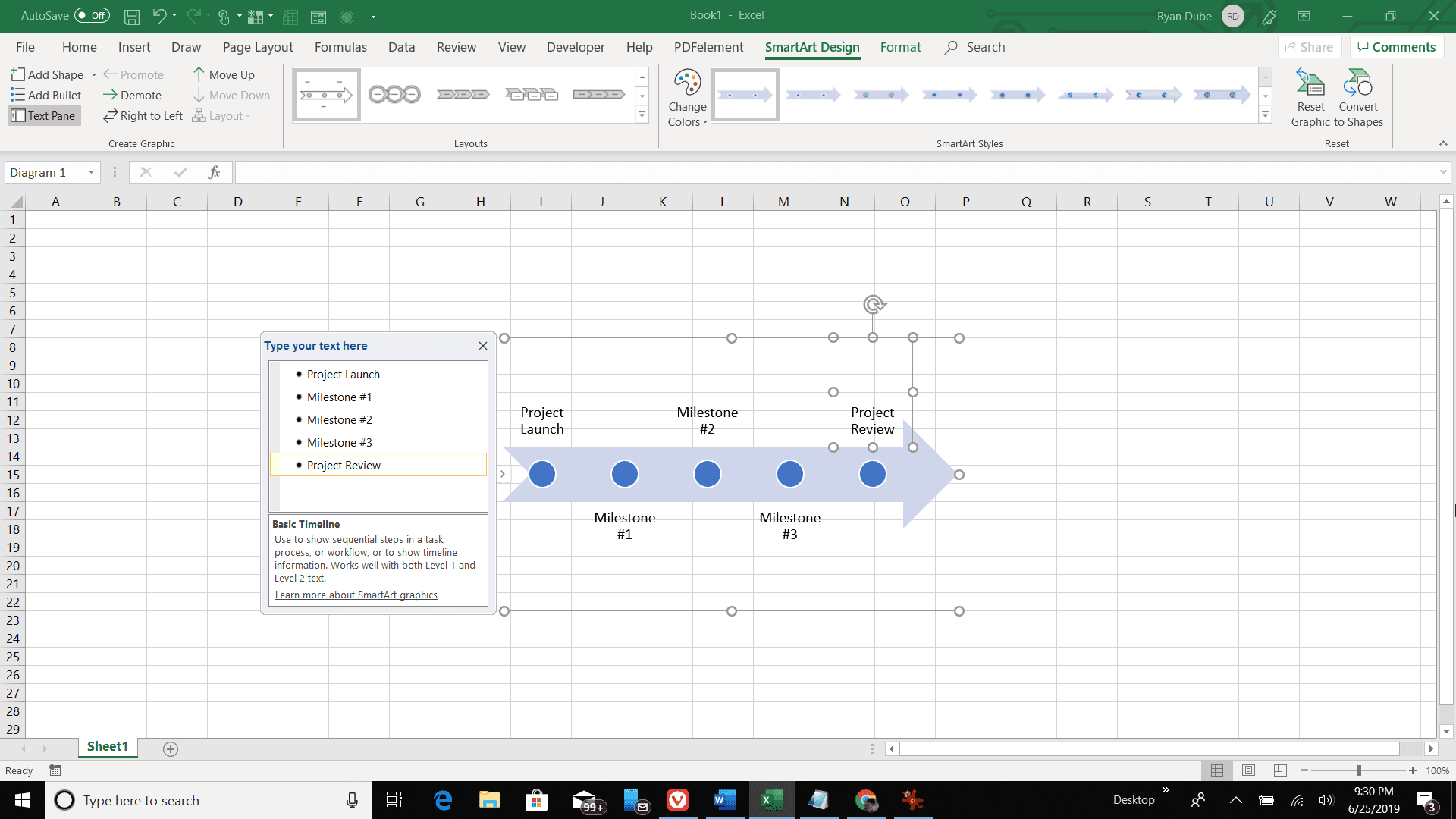 Снимок экрана создания временной шкалы в Excel