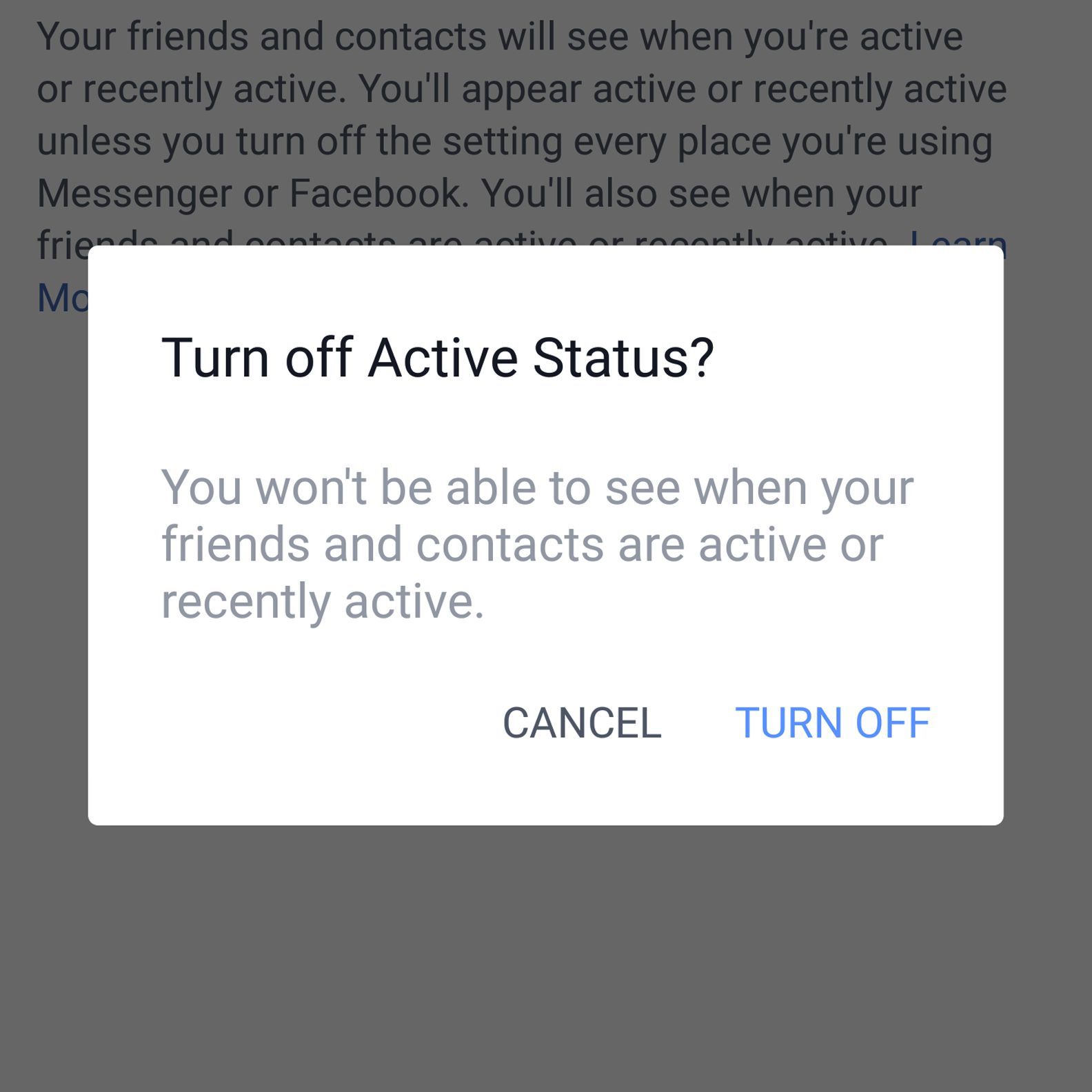 Диалоговое окно приложения Facebook дает возможность отключить активный статус.