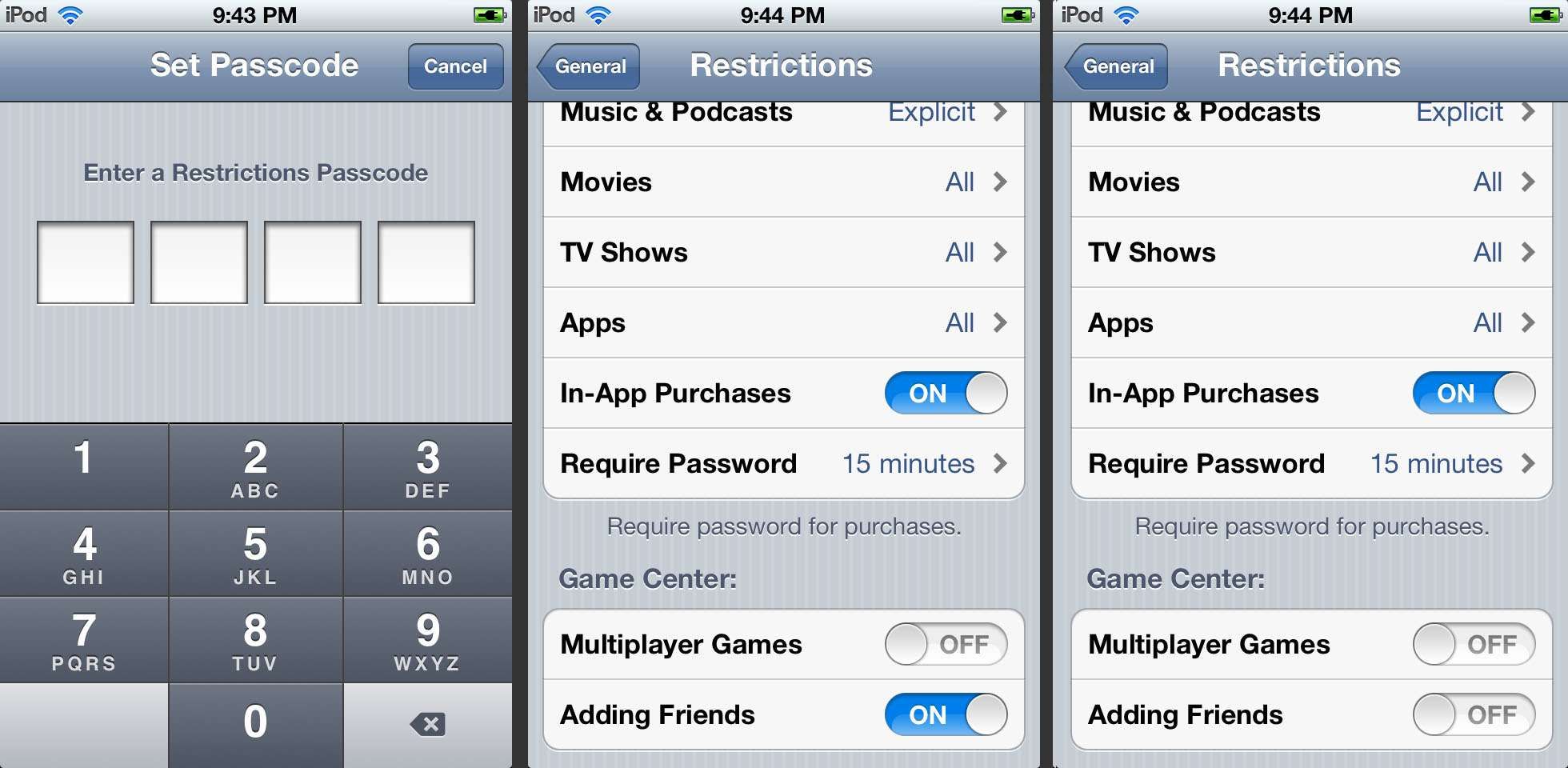 iOS 9 и старше, выберите ограничения Многопользовательские игры и Добавление друзей