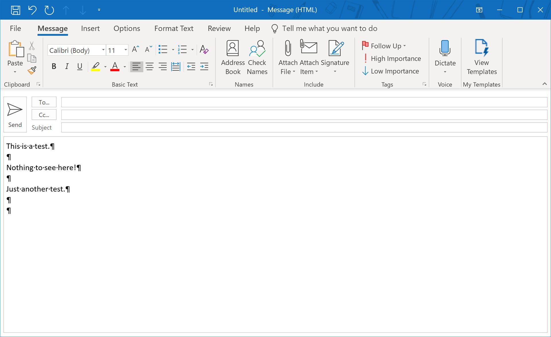 Символы абзаца в электронном письме в Outlook на Windows 10.