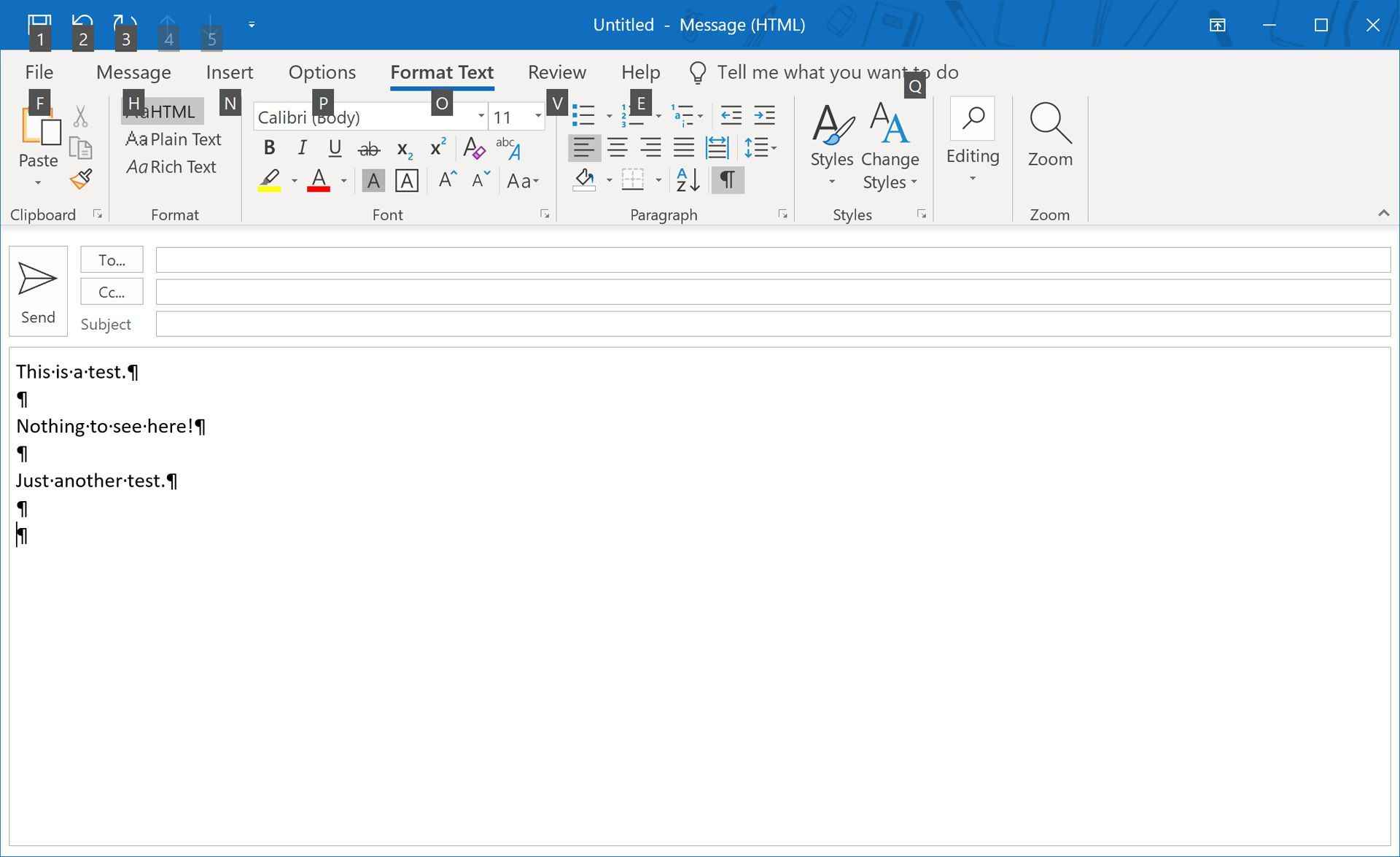 Символы абзаца в электронном письме в Outlook в Windows 10 с отображением меню «Формат текста».