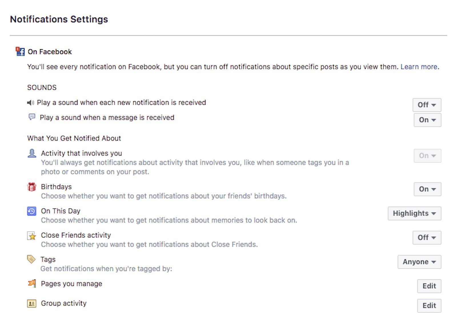 Скриншот Facebook.co's notification settings